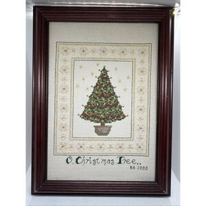 Vintage Handmade Framed Christmas Tree Crossstitch Embroidery Beaded 8.5"x6